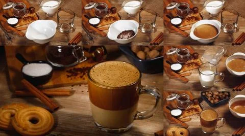 Dalgona coffee. Collage of step by step cooking. The new Korean trend in drinks. Stock Photos