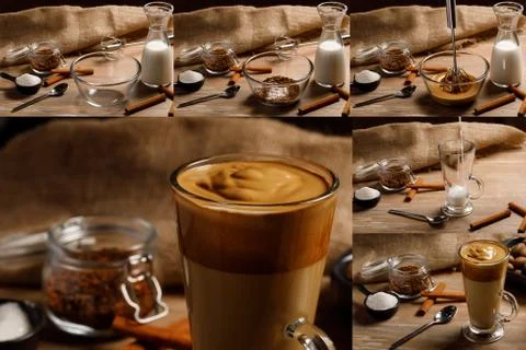 Dalgona coffee. Collage of step by step cooking. The new Korean trend in drinks. Stock Photos