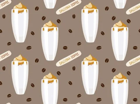 Dalgona coffee seamless pattern. Glass with creamy drink. Foamy whipped coffee Stock Illustration