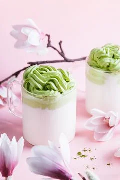 Dalgona Matcha latte tea. Stock Photos