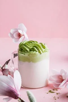 Dalgona Matcha latte tea. Stock Photos