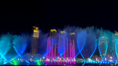 Dalian China November 15, 2024 Vibrant fountain show with synchronized water Stock Footage 301525928