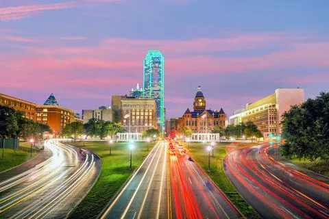Dallas downtown skyline at twilight, Texas Stock Photos