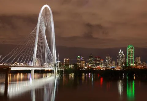 Dallas Night Skyline w/ Margaret Hunt Hill Bridge reflecting in River Stock Photos