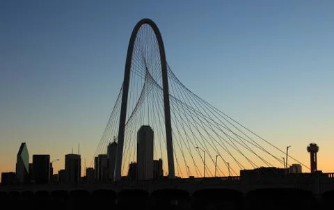 Dallas skyline and Bridge in Silhouette at sunrise Stock Photos