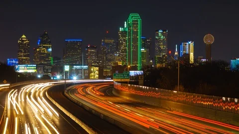 Dallas skyline with highway traffic light streaks- time-lapse Stock Footage