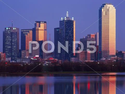 Dallas Skyline Reflected In Pond At Dusk