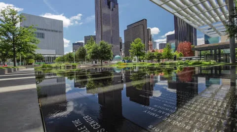 Dallas skyline in reflection pool Time-Lapse Pan Stock Footage