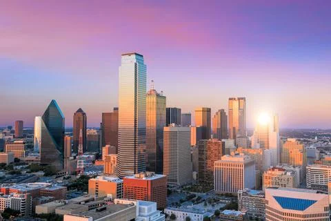Dallas, Texas cityscape with blue sky at sunset Stock Photos