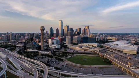 Dallas Texas Sunset Cityscape Drone Aerial Stock Footage