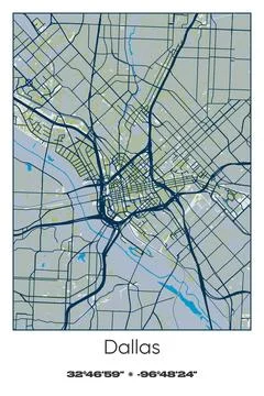 Dallas, Texas - vector map of city in Blue, Gray, Yellow, Olive colors Stock Illustration