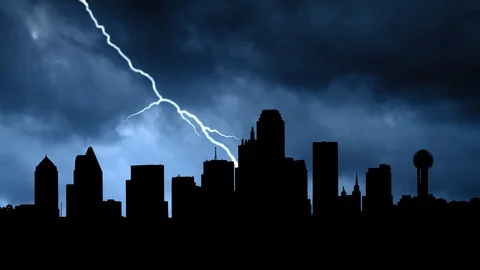 Dallas: Thunderstorm and Lightning Time Lapse with Dark Skyline of City, USA Stock Footage 121328929