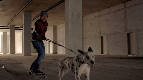 The Dalmatian on a leash pulls a young man riding a skate in an abandoned Stock Footage 90208094