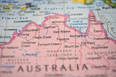 Daly Waters Outback NT on Soft Blurred Northern Australia Map Background wi.. Stock Photos