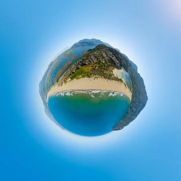 Dalyan, Turkey. Creative asteroid view spherical panorama over Iztuzu Beach.. Stock Photos