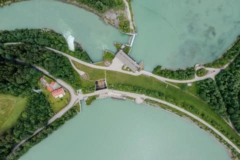 Dam and Reservoir Complex in Forested Landscape Aerial View Stock Photos