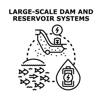 Dam and reservoir systems generating hydroelectric power Stock Illustration
