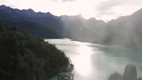 Dam on the Barcis lake at sunset Stock Footage 78017249