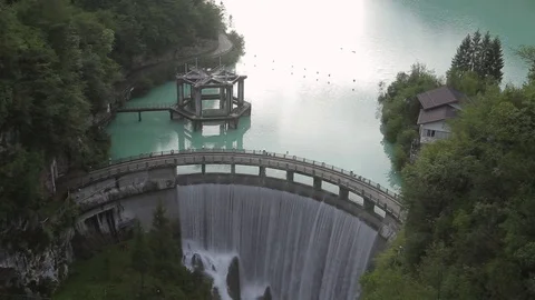 Dam on the Barcis lake at sunset Stock Footage 78017426