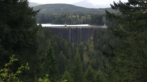 A Dam Beyond the Evergreen Trees Stock Footage 62493010