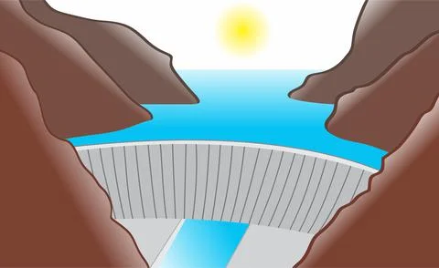 Dam drawing structure built across river landscape concept vector drawing Stock Illustration