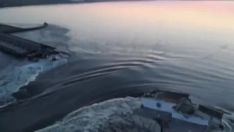 Dam explosion deluges Russian-occupied Ukraine, millions at risk of flooding, No Stock Footage 243074458