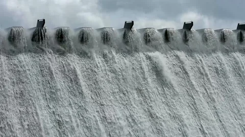 Dam with floodgate, Dam with water overflow, Stock Footage