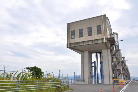 Dam gates along the road between isahaya to obama, japan Stock Photos