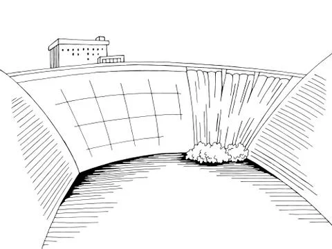 Dam hydropower river graphic black white landscape sketch illustration vector Stock Illustration