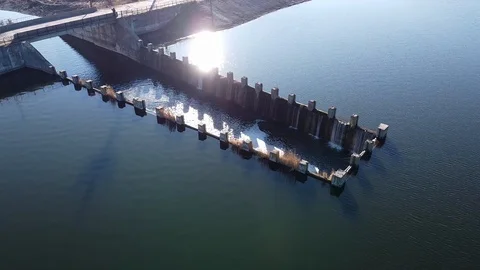 Dam Lake under blue cloudy sky aero Stock Footage 122950555