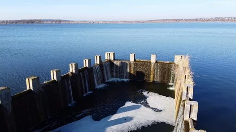 Dam Lake under blue cloudy sky aero Stock Footage 122950908