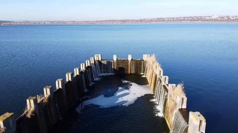Dam Lake under blue cloudy sky aero Stock Footage 122951057