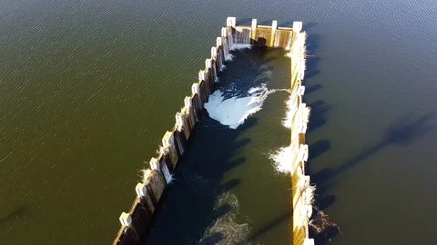 Dam Lake under blue cloudy sky aero Stock Footage 122951337
