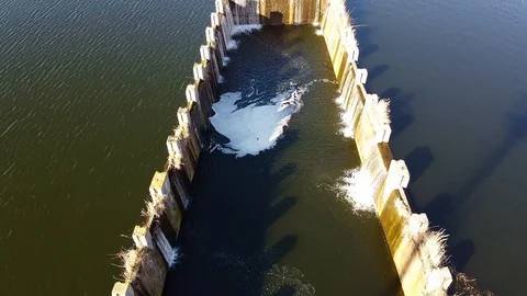 Dam Lake under blue cloudy sky aero Stock Footage 122951462
