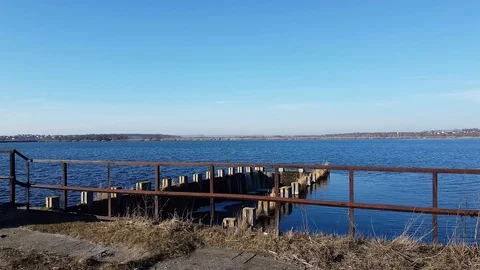 Dam Lake under blue cloudy sky aero Stock Footage 122952063