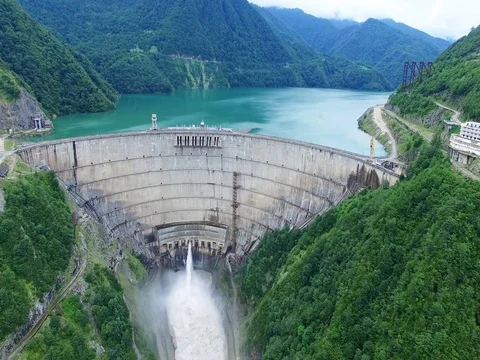 Dam in Mountain Green Alternative renewable Energy Electric Power Aerial 4k Stock Footage 80314415