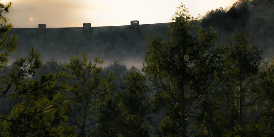 A dam in a mountain surrounded by forest - 3D Illustration Stock Illustration