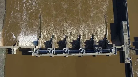 Dam on Red River Directly Overhead Stock Footage 91254422