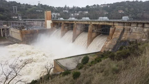 Dam Releasing Massive Water Flow After Extreme Rainfall Stock Footage 329110320