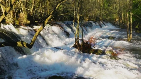 Dam With Spillways On Eume River In Pontes, Galicia, Spain. slow motion Stock Footage 263729931