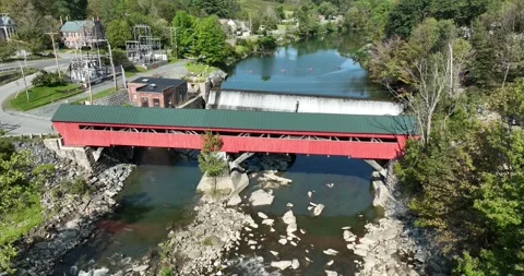 A Dam Stream and Small Hydroelectic Generating Aerial Taftsville Vermont USA Stock Footage 277122195