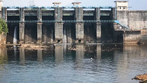 Dam view from long distance establishing shot water pollution landscape hydro Stock Footage 106802803