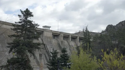 Dam wall visible through the trees Stock Footage 225900657