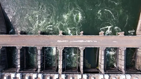 Dam water flow river bridge from hydroelectric energy plant reservoir stati.. Stock Footage 306547063