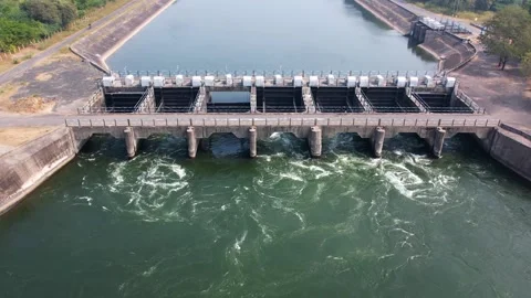 Dam water flow river bridge from hydroelectric energy plant reservoir stati.. Stock Footage 306547092