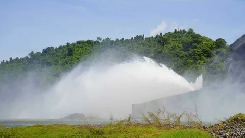 Dam water release. Water overflows during the rainy season. Khun Dan Prakan Chon Stock Footage 94759943