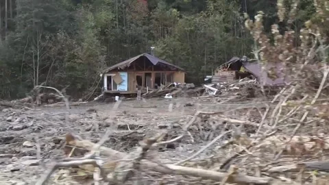 Damage and destruction to property caused by Hurricane Helena in North Carolina Stock Footage 288083558