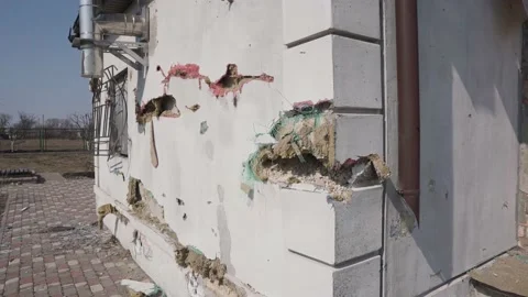 Damage to the building due to the impact of the projectile Stock Footage 201340169