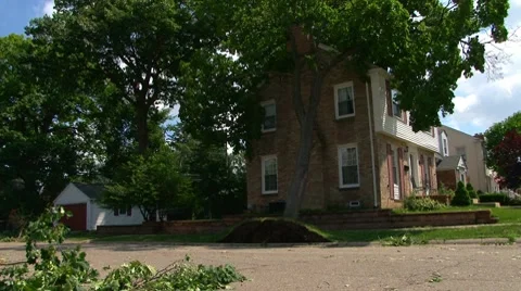 Damage to trees and homes created by severe wind sheer Stock Footage 7752554