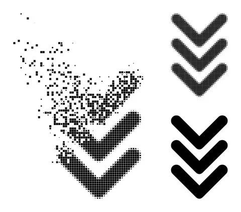 Damaged and Halftone Pixelated Triple Arrowhead Down Glyph Stock Illustration